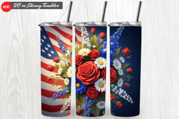 3D America Flowers Tumbler Wrap 20oz PNG