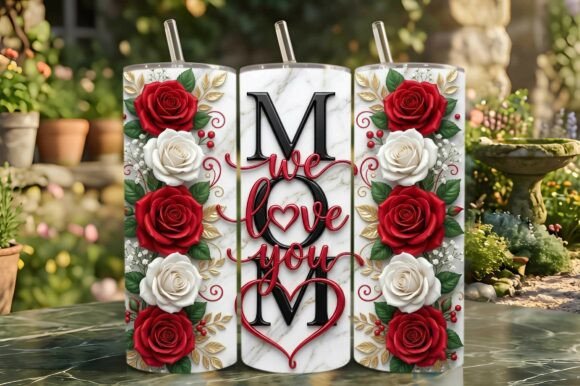 3D Elegant Red and White Rose MOM: A Stunning Design for Personalized Drinkware