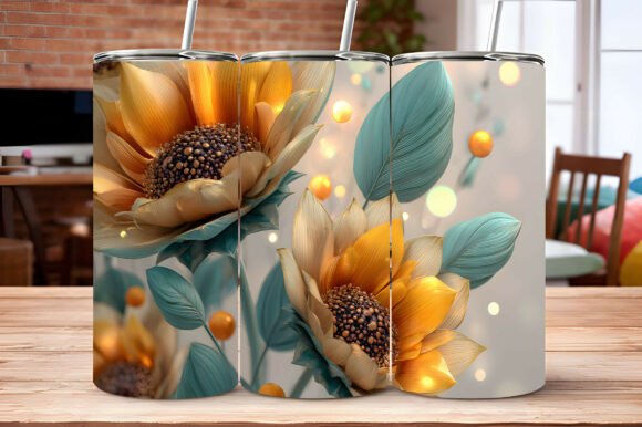 3D Puffy Golden Sunflower Teal Leaf Design