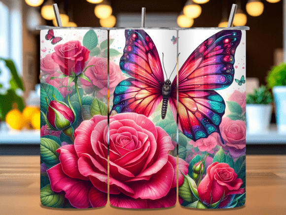 3D Red Rose Butterfly Tumbler Wrap PNG – A Versatile Design for Creative Makers