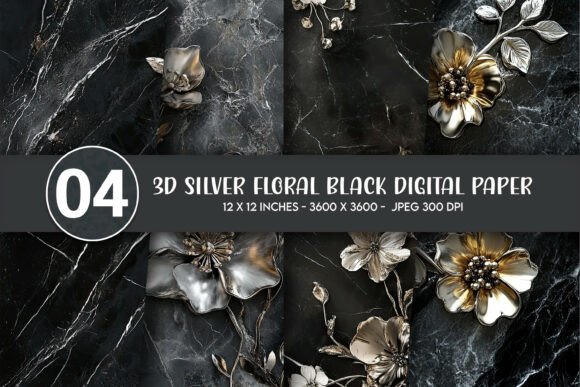 3D Silver Floral Black Digital Paper for Creative Design Projects