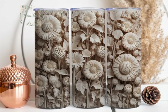 White 3D Floral Bas-Relief 20oz Tumbler Design